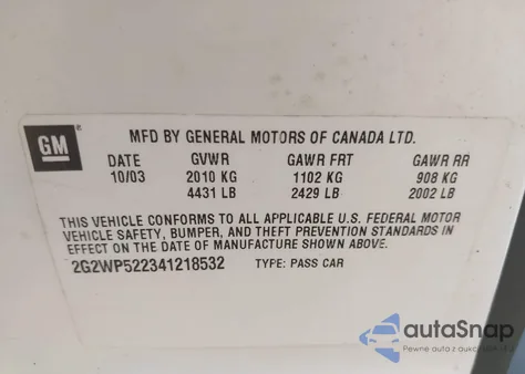 2004 Pontiac Grand Prix Gt1 z USA, uszkodzony, nr VIN 2G2WP522341218532